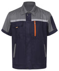 Men's Heavy Duty Mechanic Work Shirt Built Tough For The Daily Grind With Reflective Safety Stripes And Durable Zippered Front Short Sleeve Shop Uniform Jacket In Gray And Navy Blue, short sleeve with pockets.
