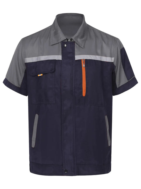 Men's Heavy Duty Mechanic Work Shirt Built Tough For The Daily Grind With Reflective Safety Stripes And Durable Zippered Front Short Sleeve Shop Uniform Jacket In Gray And Navy Blue, short sleeve with pockets.