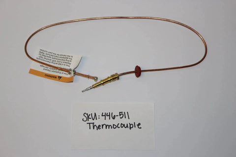 Front view copper thermocouple with brass sensor tip and warning tag for Heat N Glo fireplaces
