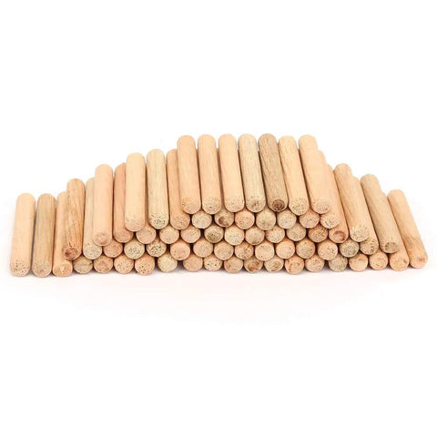 Stack of 6mm Beefy Beech Wood Dowel Pins, round and fluted with chamfered ends for woodworking, 100 pack displayed.