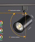 Six Pack 20W Dimmable LED Track Lighting Heads H Type, 36 Degree Beam, 2000 Lumen Output, rotation diagram