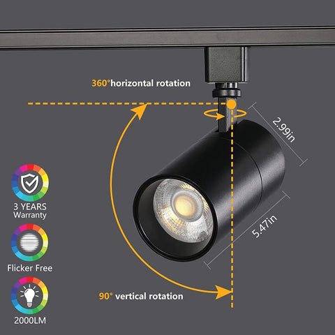 Six Pack 20W Dimmable LED Track Lighting Heads H Type, 36 Degree Beam, 2000 Lumen Output, rotation diagram