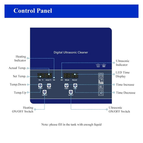 Control panel of 10L Digital Ultrasonic Cleaner For Heavy Duty Parts Deep Clean, featuring temperature and timer settings.