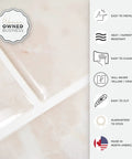 Close-up of Peel And Stick Backsplash Tiles 10.95 By 9.70 Inches, 3D Adhesive Bezel Beige Marble Look, with benefits listed on the side