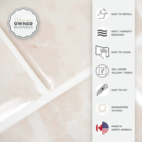 Close-up of Peel And Stick Backsplash Tiles 10.95 By 9.70 Inches, 3D Adhesive Bezel Beige Marble Look, with benefits listed on the side
