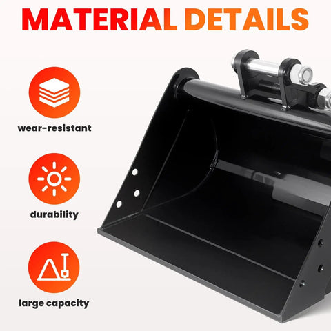 Flat Backhoe Bucket No Teeth 19.7 Inch For Mini Excavators 500mm Heavy Duty Steel showing material durability details.