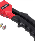 Heavy-Duty One-Handed Pop Rivet Gun For Quick Metal Fabric Leather And Auto Repairs with grip rings and three interchangeable nozzles.
