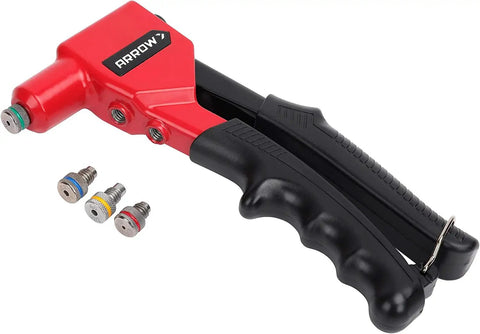 Heavy-Duty One-Handed Pop Rivet Gun For Quick Metal Fabric Leather And Auto Repairs with grip rings and three interchangeable nozzles.