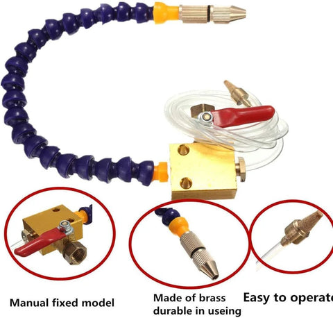 ChgImposs mist coolant lubrication system kit with blue flexible hose and brass fittings, front view