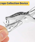 Durable 1/4 Inch Single Hole Puncher With 8-Sheet Capacity For Crafts, steel punch close-up with scraps collection device.