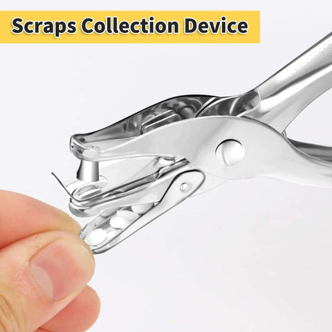 Durable 1/4 Inch Single Hole Puncher With 8-Sheet Capacity For Crafts, steel punch close-up with scraps collection device.