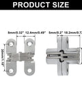 4 Pack Hidden Hinges, 1.77 Inch Stainless Steel Cross Invisible Swing Hinges, dimensions shown with size measurements, front and side view