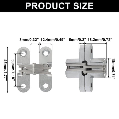 4 Pack Hidden Hinges, 1.77 Inch Stainless Steel Cross Invisible Swing Hinges, dimensions shown with size measurements, front and side view