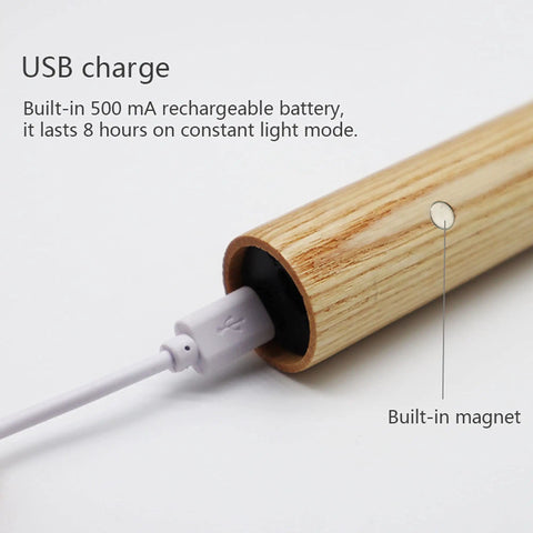 USB charging Motion Sensor LED Night Light Magnetic USB Rechargeable showing wood finish and built-in magnet