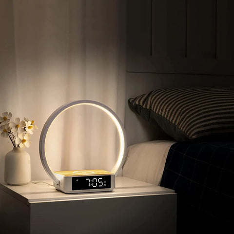 Bedside Lamp With Alarm Clock And Wireless Charger, Sunrise Wake Up Light, 3 Level Dimming, Touch Nightstand Lamp For Bedroom, Wood Grain Finish