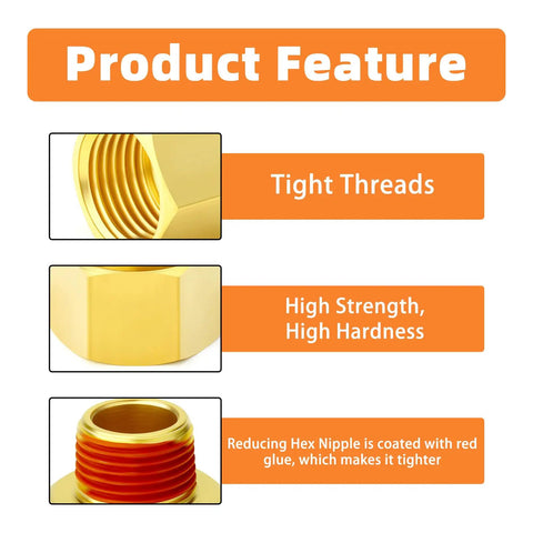 Image showing product features of Five Piece Beefy Brass Pipe Fitting Reducer Adapter Set Three Eighths Inch Female To One Quarter Inch Male