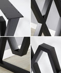 Close-up of heavy duty cast iron table legs 28 inch high by 20 inch wide set of 2 black finish for dining tables, unique X-shape design.