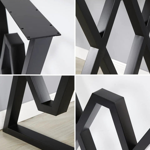 Close-up of heavy duty cast iron table legs 28 inch high by 20 inch wide set of 2 black finish for dining tables, unique X-shape design.