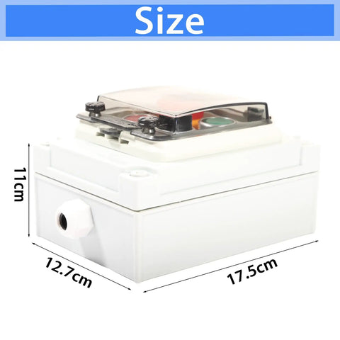 Side view of IP67 Waterproof Push Button Switch Box with emergency stop and start rotary buttons, 17.5x12.7x11 cm size.
