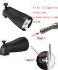 Matte Black Tub Spout With Diverter for One Half Inch Copper Pipe installation steps, showing pull-up diverter and slip-fit design