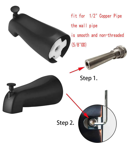 Matte Black Tub Spout With Diverter for One Half Inch Copper Pipe installation steps, showing pull-up diverter and slip-fit design