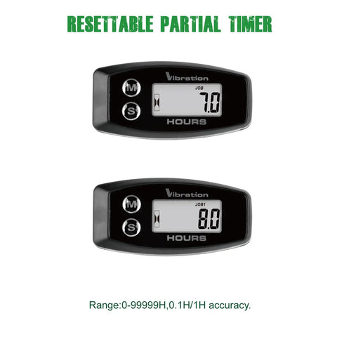 Vibration Hour Meter IP67 Waterproof With Adjustable Sensitivity Low Medium High For Gas And Diesel Equipment, Tracks Total Hours And Resettable Job Hours, Helps Plan Maintenance And Service Intervals. Black digital vibration hour meter with LCD job hours display
