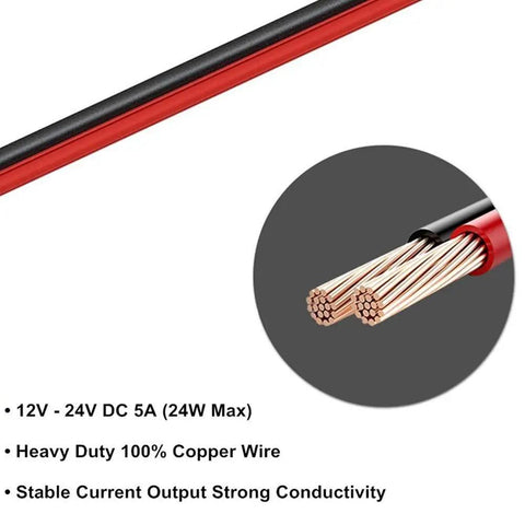 Close-up of heavy duty copper wire for heavy duty 12 to 24 volt car charger cable with dual DC plug sizes and cigarette lighter plug.