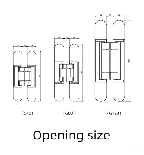 Technical drawing of Hidden Folding Wood Door Hinge For Cabinets And Furniture with dimensions for G40, G80, G120 models.