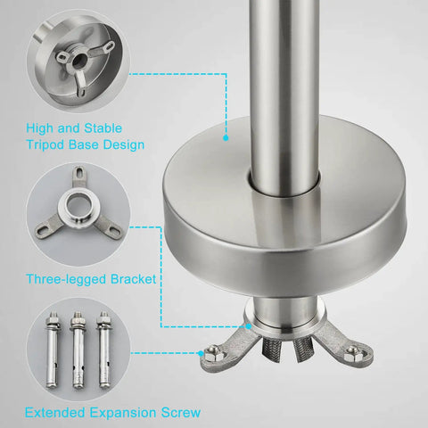 Floor Mounted Freestanding Tub Filler Faucet With Handheld Shower In Brushed Nickel Finish showing tripod base design and screws.