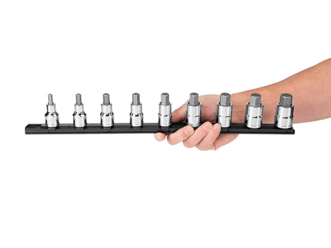 Hand holding 1/2 Inch Drive Hex Bit Socket Set With Rail, 9-Piece (1/4-3/4 Inch), S2 Heat-Treated Steel Bits for garage and shop use