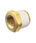 Rugged Brass Hex Bushing Pipe Fitting 1-1/2 Male To 1 Inch Female With Pre-Attached PTFE Thread Sealant Class 125 close-up view.