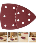 Merryhappy 60pcs Triangle Mouse Detail Sander Sandpaper Sheets With 11-Hole Hook And Loop Backing, dark red sandpaper sheet close-up.
