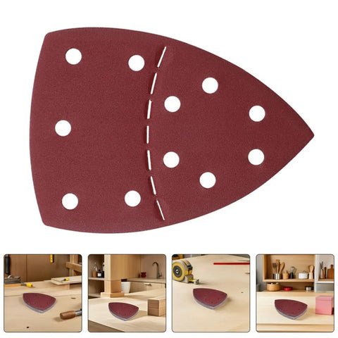 Merryhappy 60pcs Triangle Mouse Detail Sander Sandpaper Sheets With 11-Hole Hook And Loop Backing, dark red sandpaper sheet close-up.