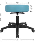 Adjustable Height Rolling Task Stool Built Tough For All Day Grind With Plush High Density Foam Cushion And Smooth Swiveling Nylon Casters For Shop Garage Spa Or Tattoo Room Setup In Blue, showing dimensions and design.