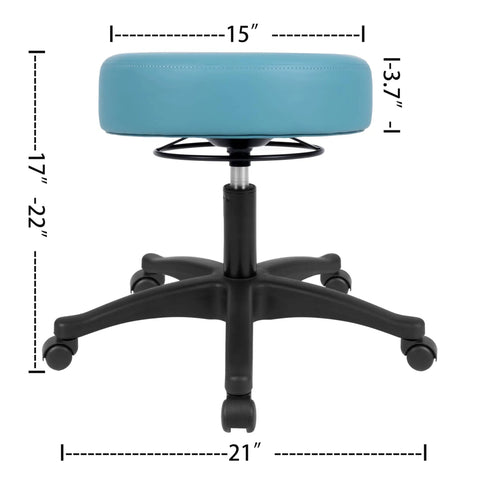 Adjustable Height Rolling Task Stool Built Tough For All Day Grind With Plush High Density Foam Cushion And Smooth Swiveling Nylon Casters For Shop Garage Spa Or Tattoo Room Setup In Blue, showing dimensions and design.