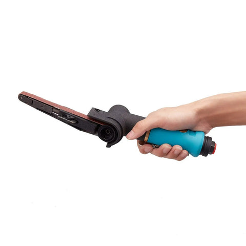 Hand holding Pneumatic Air Belt Sander With One Quarter Inch Inlet And Three Eighths Inch By Thirteen Inch Belts Includes Twelve Belts
