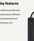 Dead Simple Dual Pack Six Outlet Surge Protector Power Strip With Six Hundred Joule Protection Circuit Breaker Safety Shutters And A Sleek Two Foot Black Cord For Desk Setup with features listed.