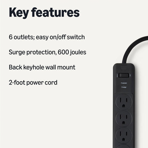 Dead Simple Dual Pack Six Outlet Surge Protector Power Strip With Six Hundred Joule Protection Circuit Breaker Safety Shutters And A Sleek Two Foot Black Cord For Desk Setup with features listed.