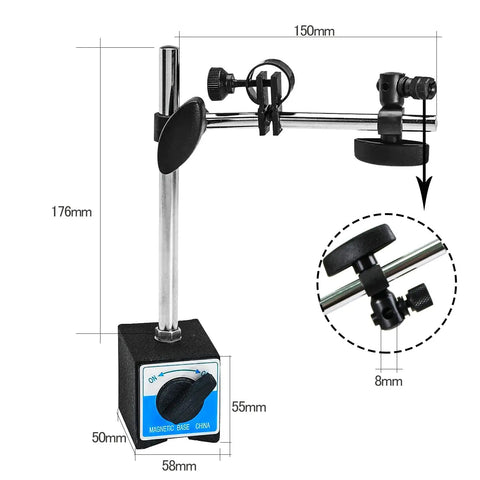 Magnetic Base Stand With Fine Adjustment For 3/8 Inch Digital Dial Test Indicator Gauge, Heavy Duty Steel Construction, Rock Solid Magnetic Clamp, 132 Lb Max Pull, 60 Kg, Rugged Adjustable Holder For Workshop Calibration