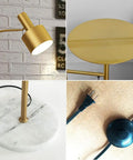 Contemporary Floor Lamp With Table, Adjustable Arm, And Cozy Glow, Ideal For Living Room Den Office Or Bedroom, E26 Base, Brushed Brass Finish, Slim Modern Design For A Fresh Cozy Vibe details including lamp head, table tray, marble base, and plug
