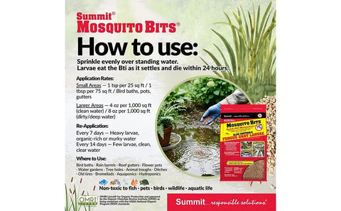 Kick Those Pesky Mosquitoes To The Curb With Premium Biological Bits For Yards And Garden Ponds Fast Acting Larvae Killer Delivers Epa Approved Bug Defense That Keeps Your Summer Chill Intact Inside A Practical Thirty Ounce Sealed Jar instructions for use over standing water with visual examples.