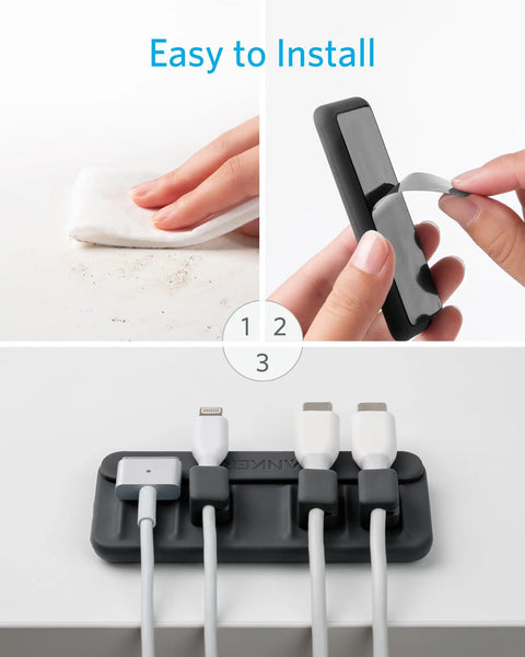 Magnetic Cable Organizer with 5 Clips sticks to surfaces, holding USB cables for clutter-free tech setup on wood, marble, metal, glass.