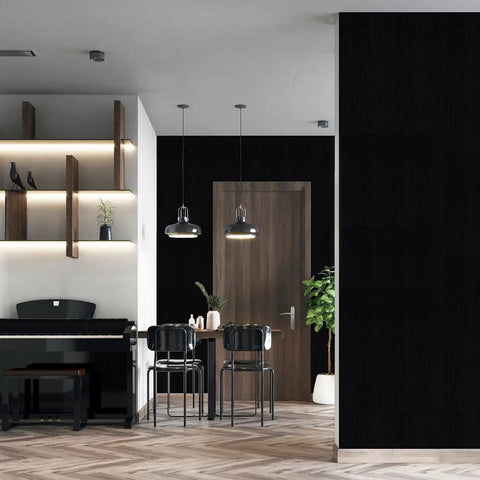 Room with black wood peel and stick wallpaper on wall, 197x17.5 inches DIY friendly self adhesive removable vinyl cover.