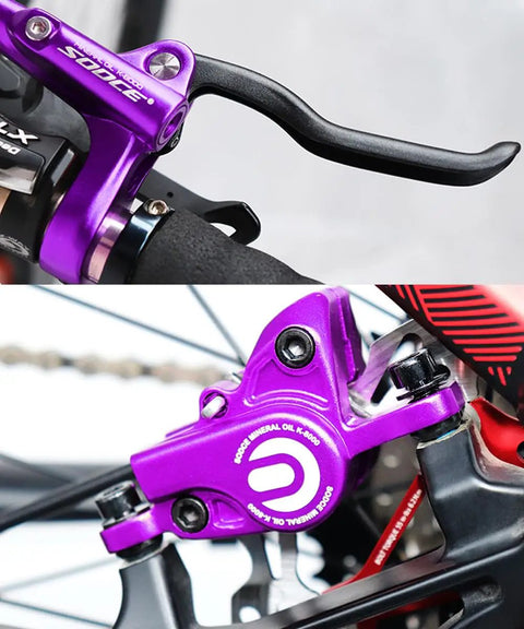 MTB Hydraulic Disc Brakes Set for Mountain Bikes, purple aluminum alloy calipers with IS PM adapter, 1700mm hose