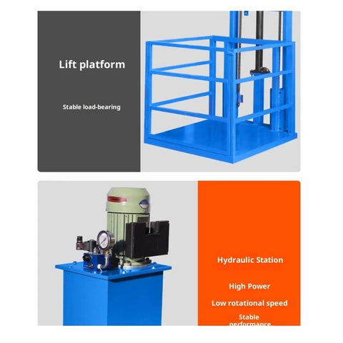 Solid Heavy Duty Mobile Lift Platform With Hydraulic Vertical Cargo Elevator featuring stable load-bearing design and hydraulic station.
