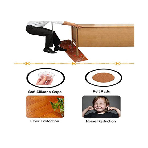 Square Table Leg Protectors For Large Chairs And Sofas Fits From One And Fifteen Sixteenths Inches To Two And One Sixteenth Inches 49mm To 53mm Two Inch Silicone Leg Caps With Felt Pads Clear 16 Pack No Slip Floor Safe Easy Fit showing silicone caps being used on furniture with floor protection and noise reduction.