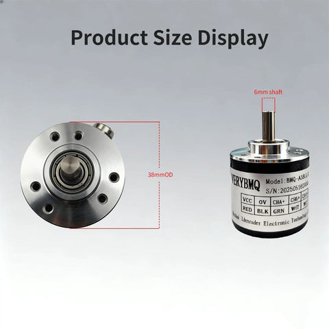 Incremental Magnetic Rotary Encoder 38Mm OD With 6Mm Shaft ABZ Push Pull Output 100 400 600 PPR display with dimensions