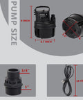 Diagram showing dimensions and components of Powerful Submersible Utility Pump 1/6 HP 1370 GPH Portable Drain Pump with 10 ft cord