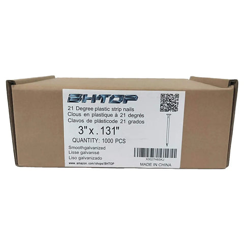 Box of 3-inch 21 degree plastic strip nails, 1000 count for construction projects