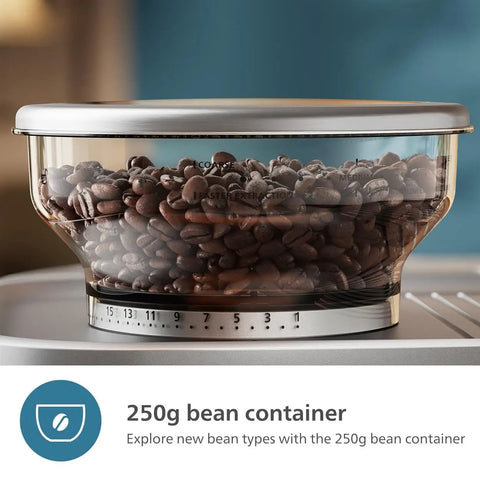 Top Shelf Semi Automatic Espresso Machine With Integrated Grinder And Dual Wall Baskets For Fresh Single Double Shots Plus Americano Brewing In Sleek Metal Silver With Calibrated Tamping Tool 250g bean container filled with coffee beans.